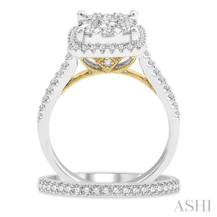 1 1/4 Ctw Lovebright Diamond Wedding Set With 1 Ctw Square Shape Engagement Ring and 1/5 Ctw Wedding Band in 14K White & Yellow Gold