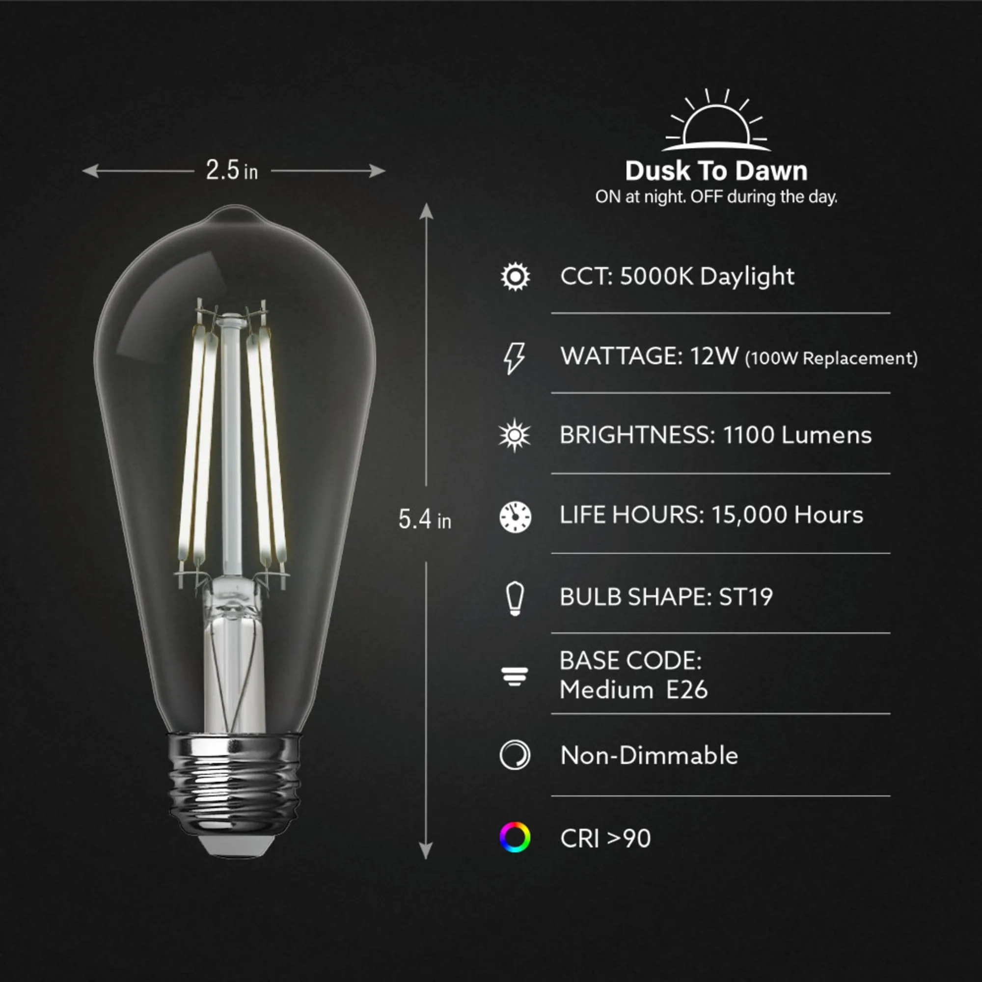 12W (100W Replacement) ST19 E26 Dusk to Dawn Filament Clear Glass Vintage Edison LED Light Bulb, Daylight