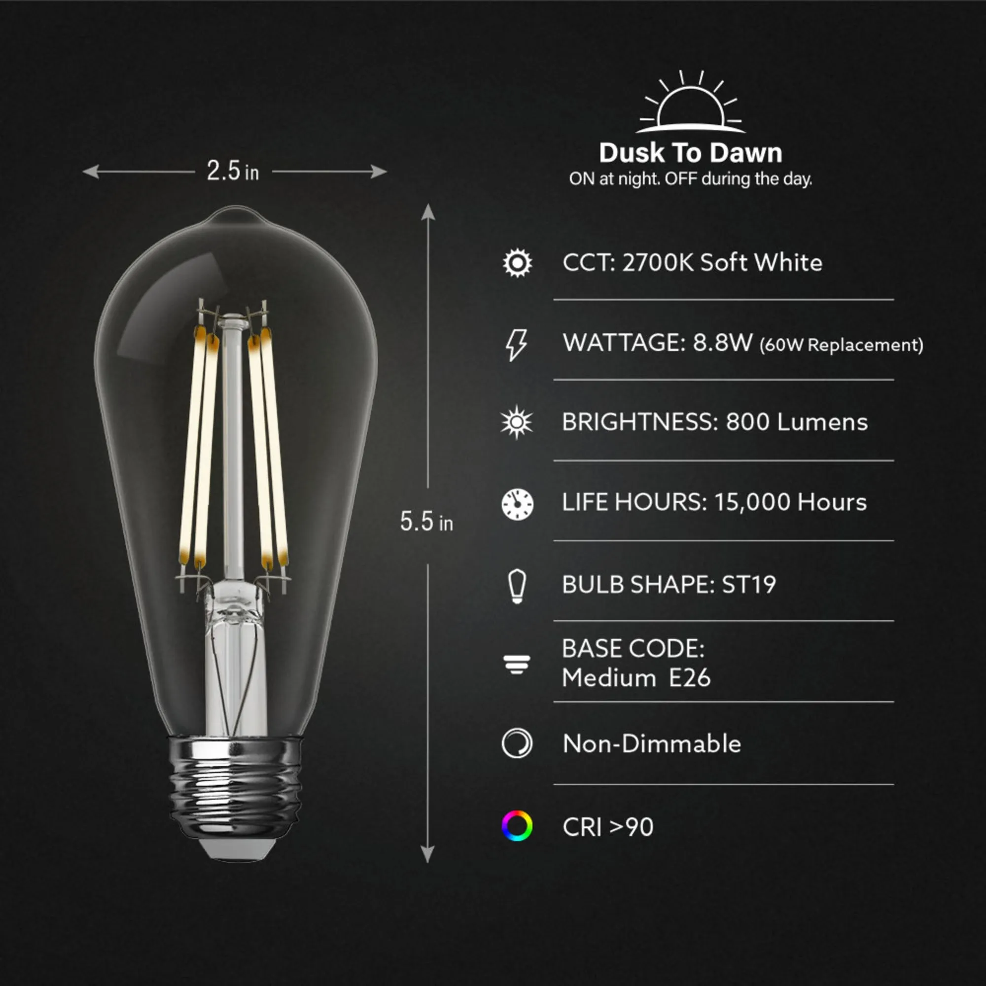 12W (100W Replacement) ST19 E26 Non-Dimmable Straight Filament Clear Glass Vintage Edison LED Light Bulb, Soft White