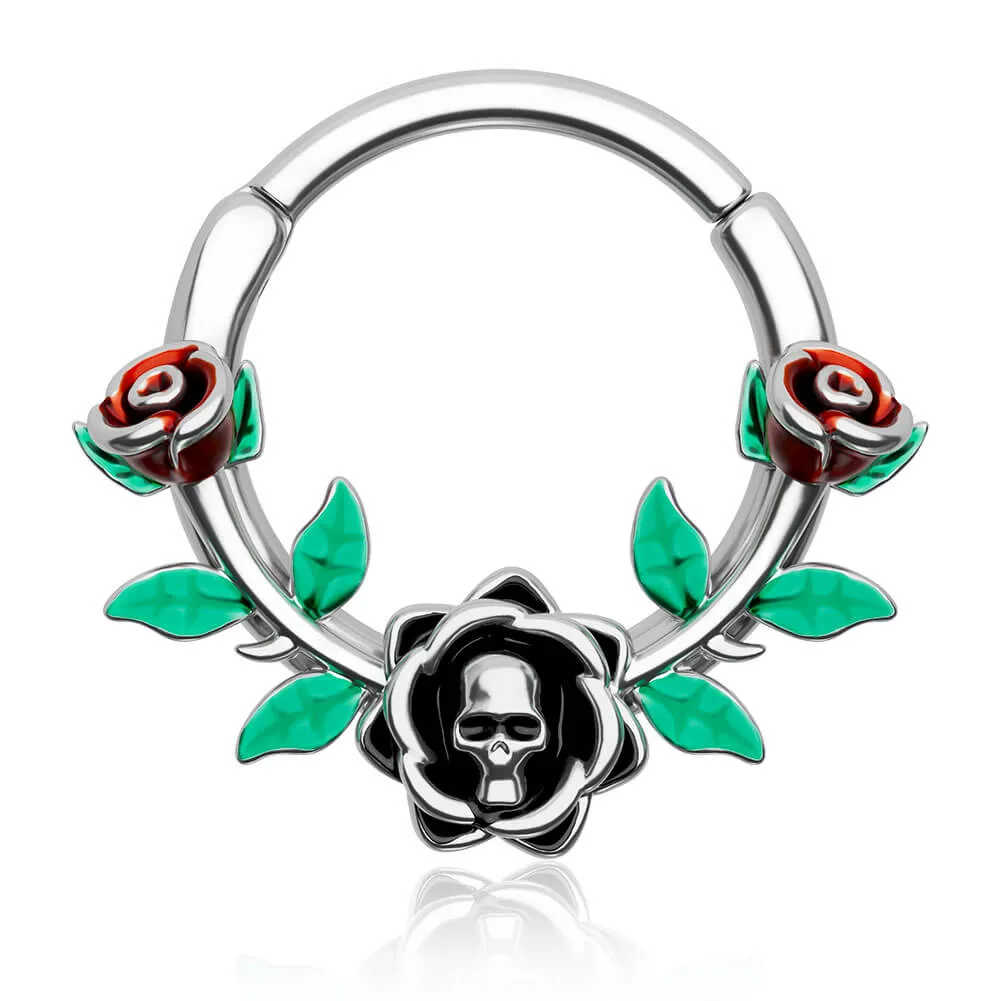 16G Skull Head Rose Design Green Leaves Segment Septum Ring