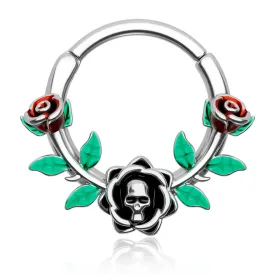 16G Skull Head Rose Design Green Leaves Segment Septum Ring