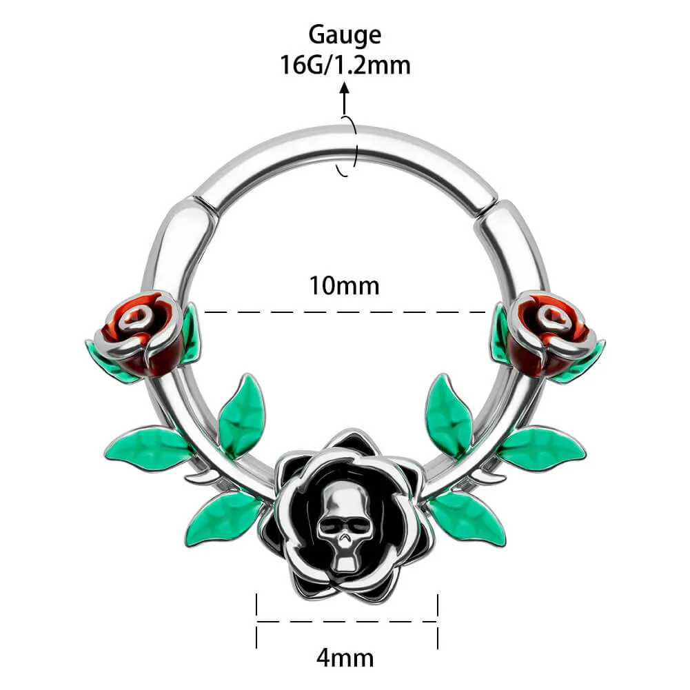 16G Skull Head Rose Design Green Leaves Segment Septum Ring