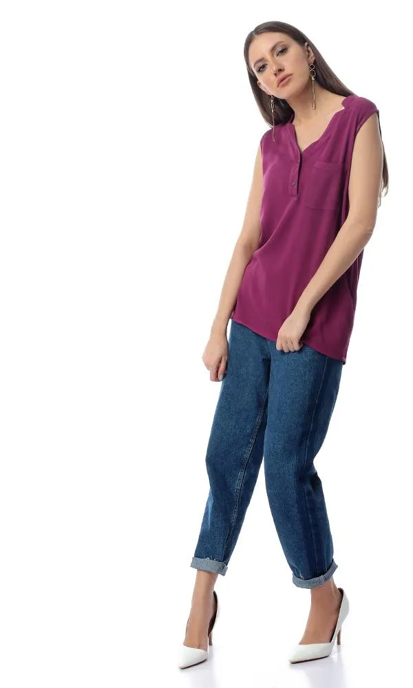 54411 Sleeveless Fluffy Shirt Wit Front Pocket - Violet Red