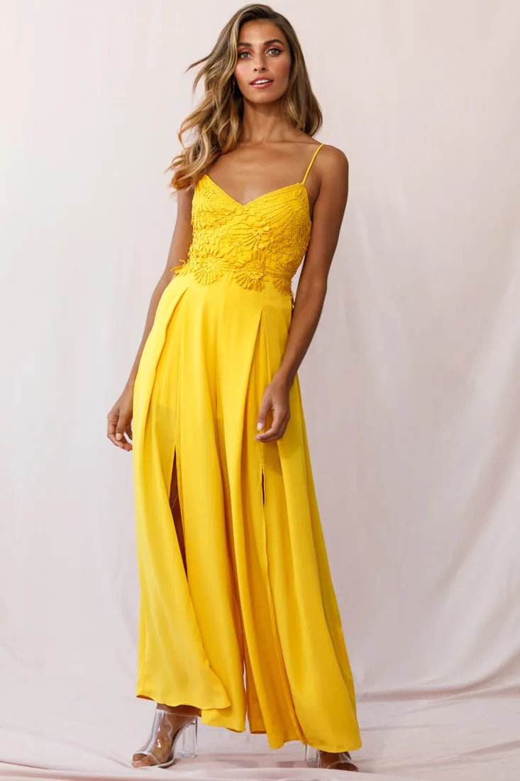 Ada Applique Embroidery Bust Wide Leg Jumpsuit Mustard