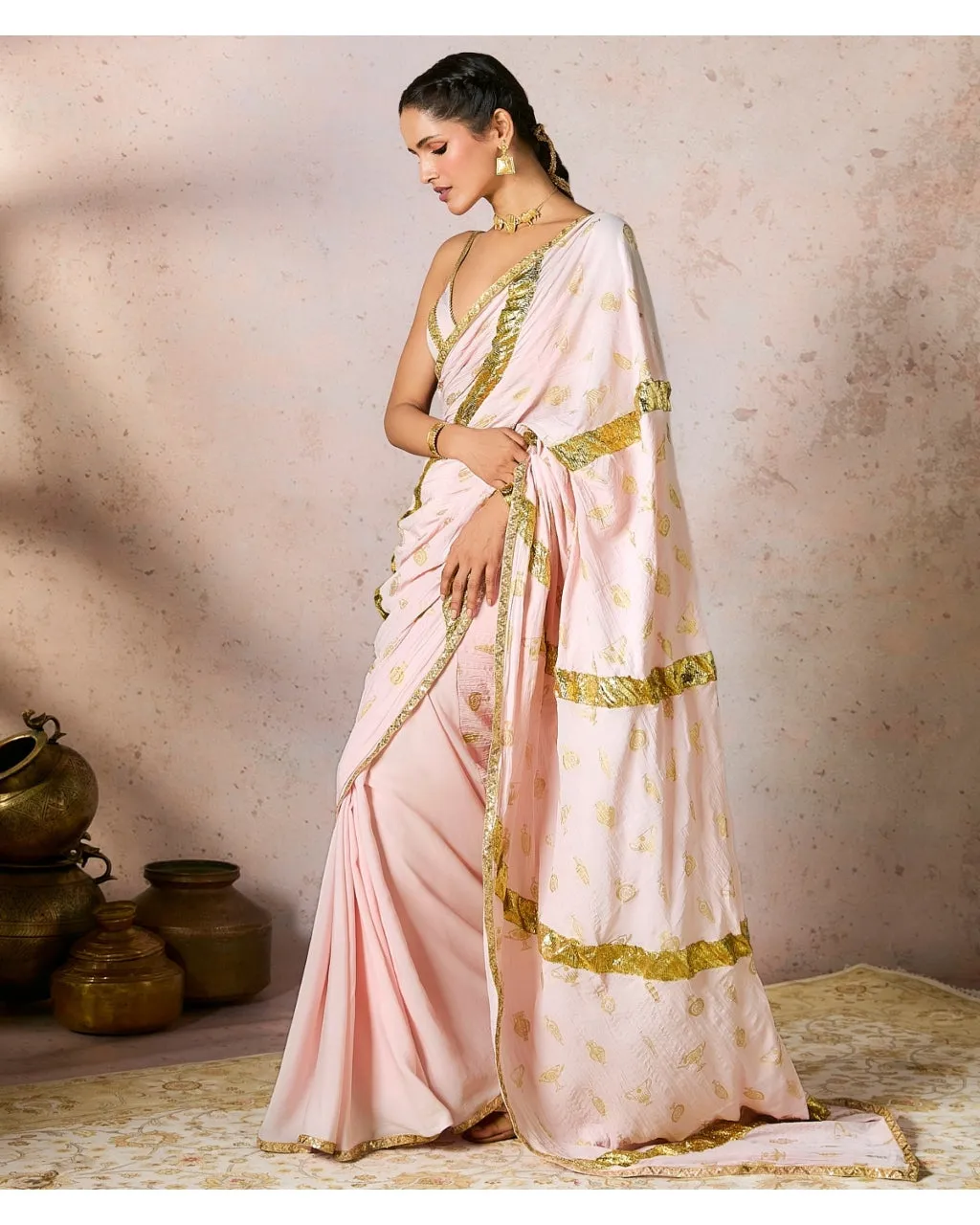 Baby Pink Potters Touch Gota Sari Set