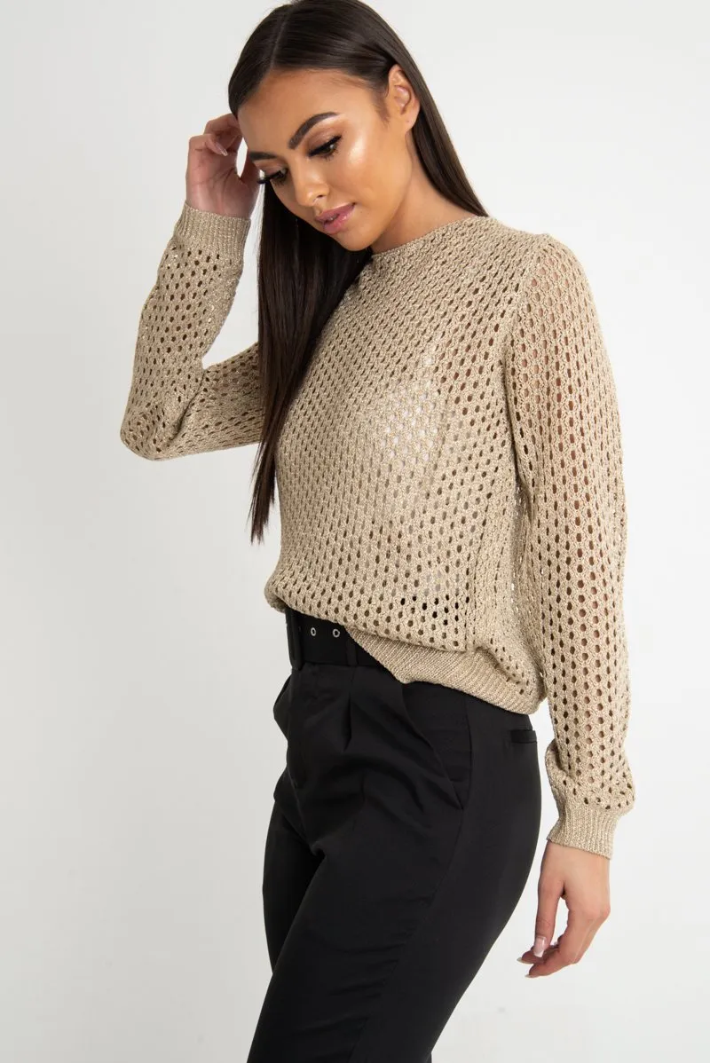 Beige Open Knit Backless Tie Back Jumper - Holdyn