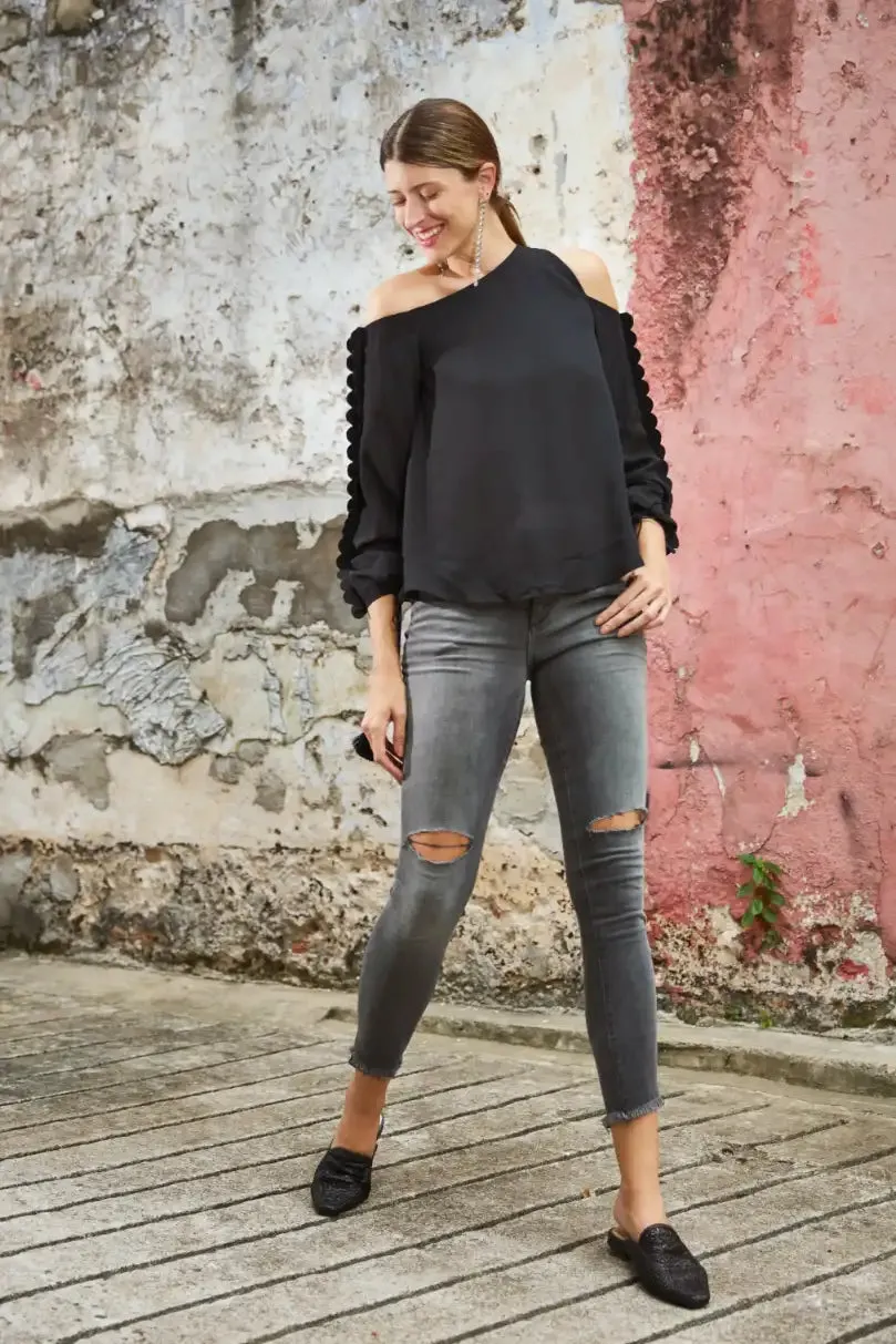 Black Cut-Out Scallop Top