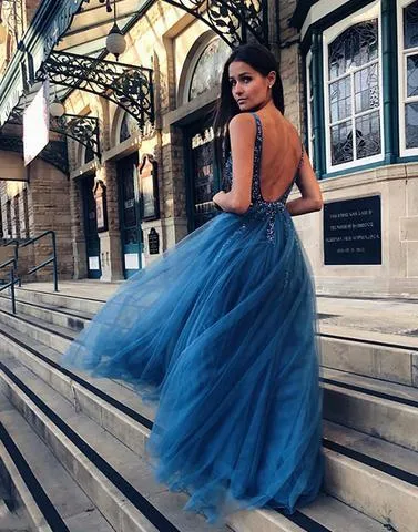 Blue V Neck Tulle Prom Dress Beading Tulle Long Vintage Prom Dress #ER266