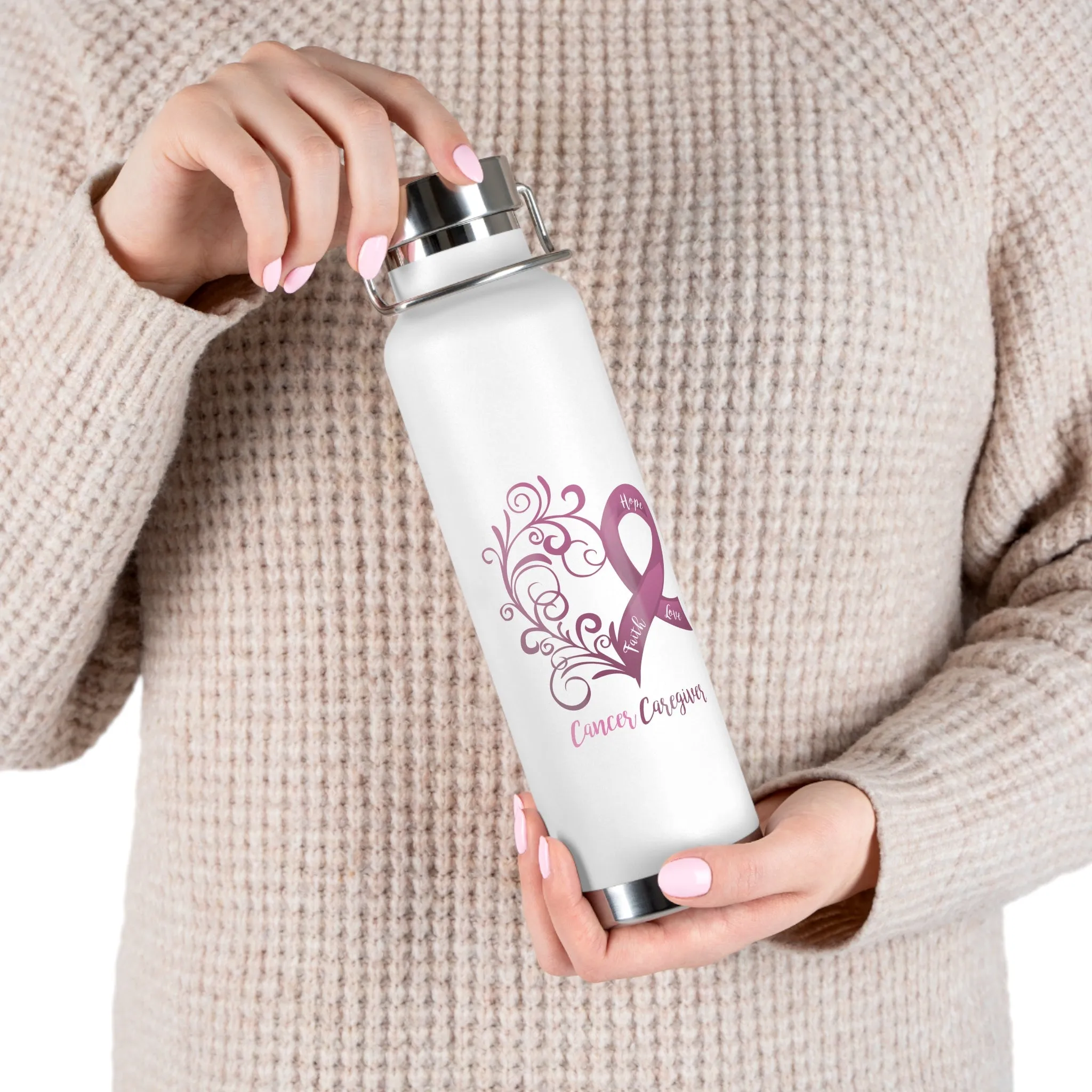 Cancer Caregiver Heart Copper Vacuum Insulated Bottle, 22oz (White)