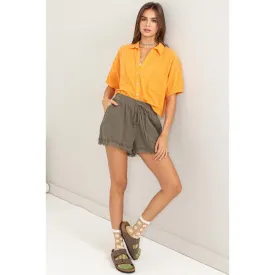 Casual and Cool Drawstring Cotton Gauze Frayed Shorts