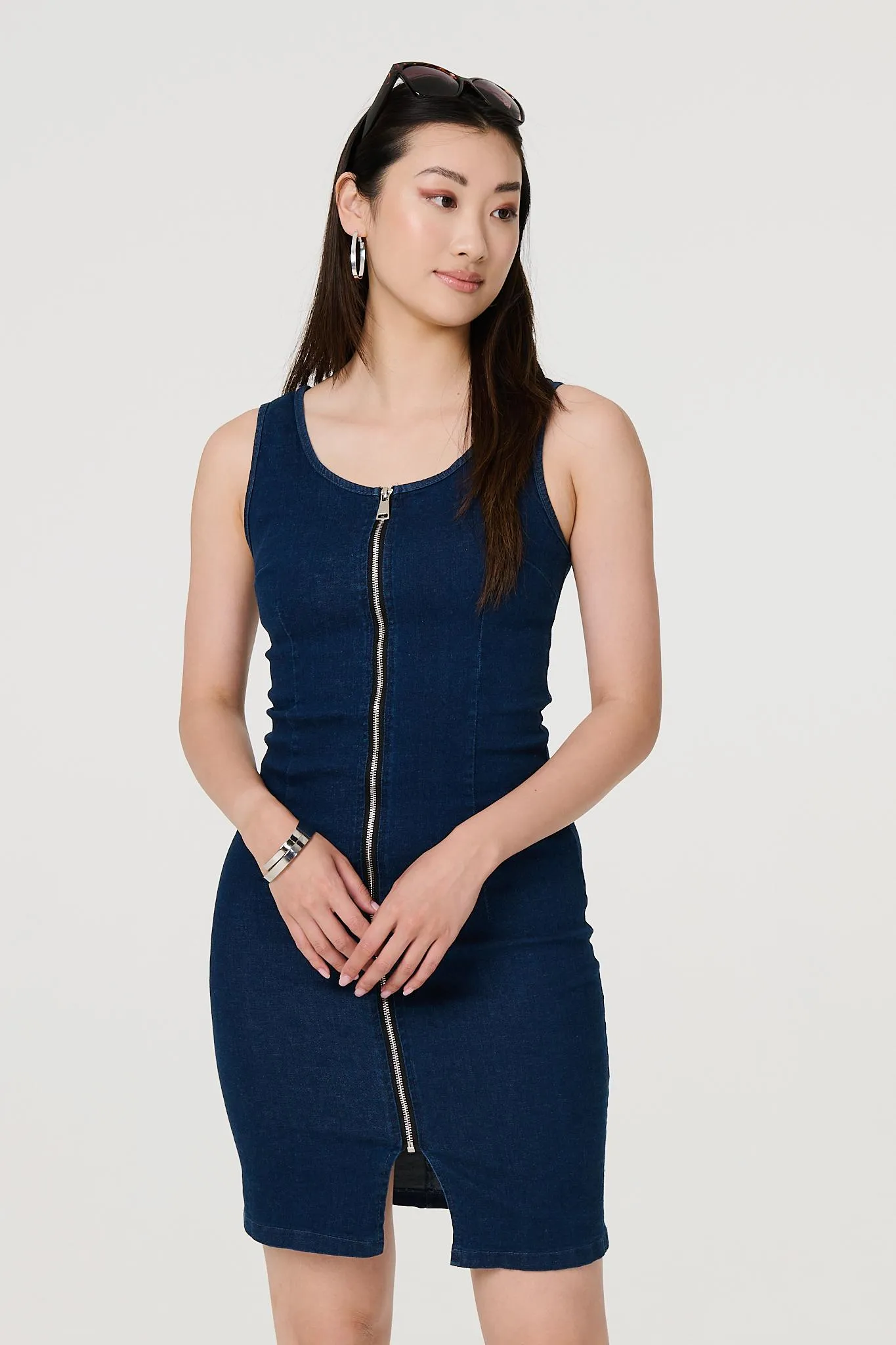 Denim Sleeveless Zip Front Shift Dress