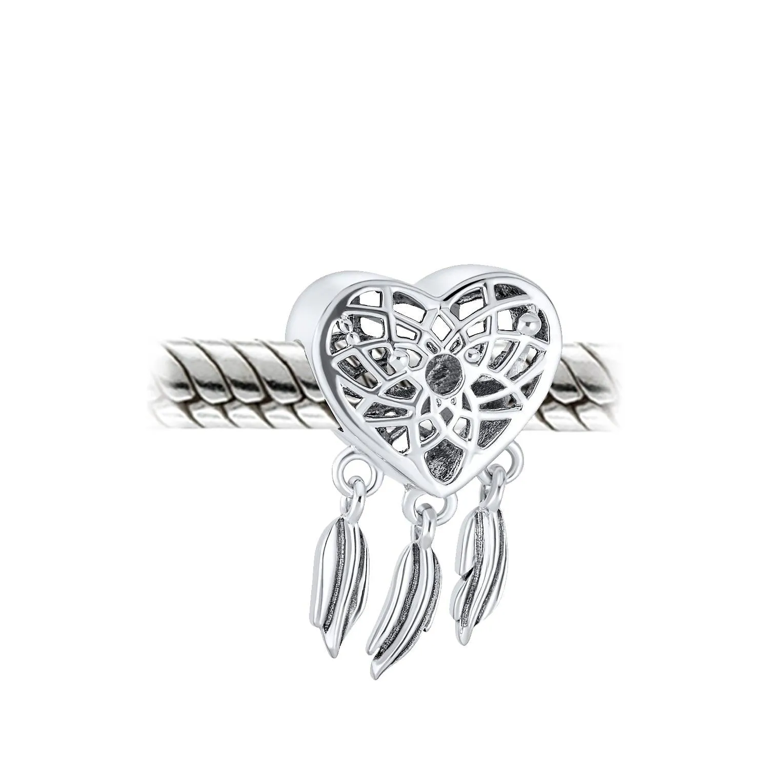 Dream Catcher Charm Bead Feathers Leaf Heart Shape Dangle .925 Silver