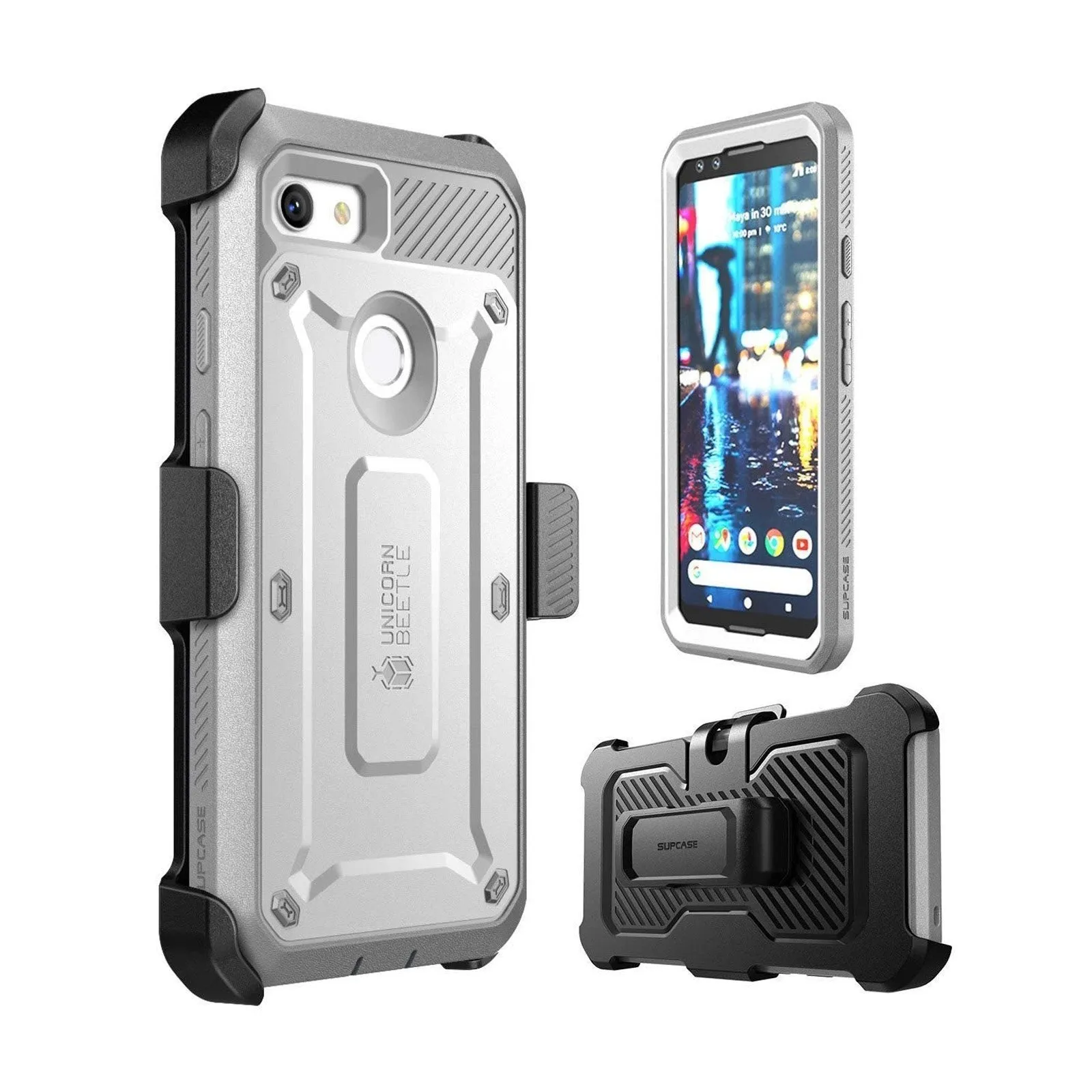 Google Pixel 3 Unicorn Beetle Pro Rugged Holster Case with Screen Protection-White