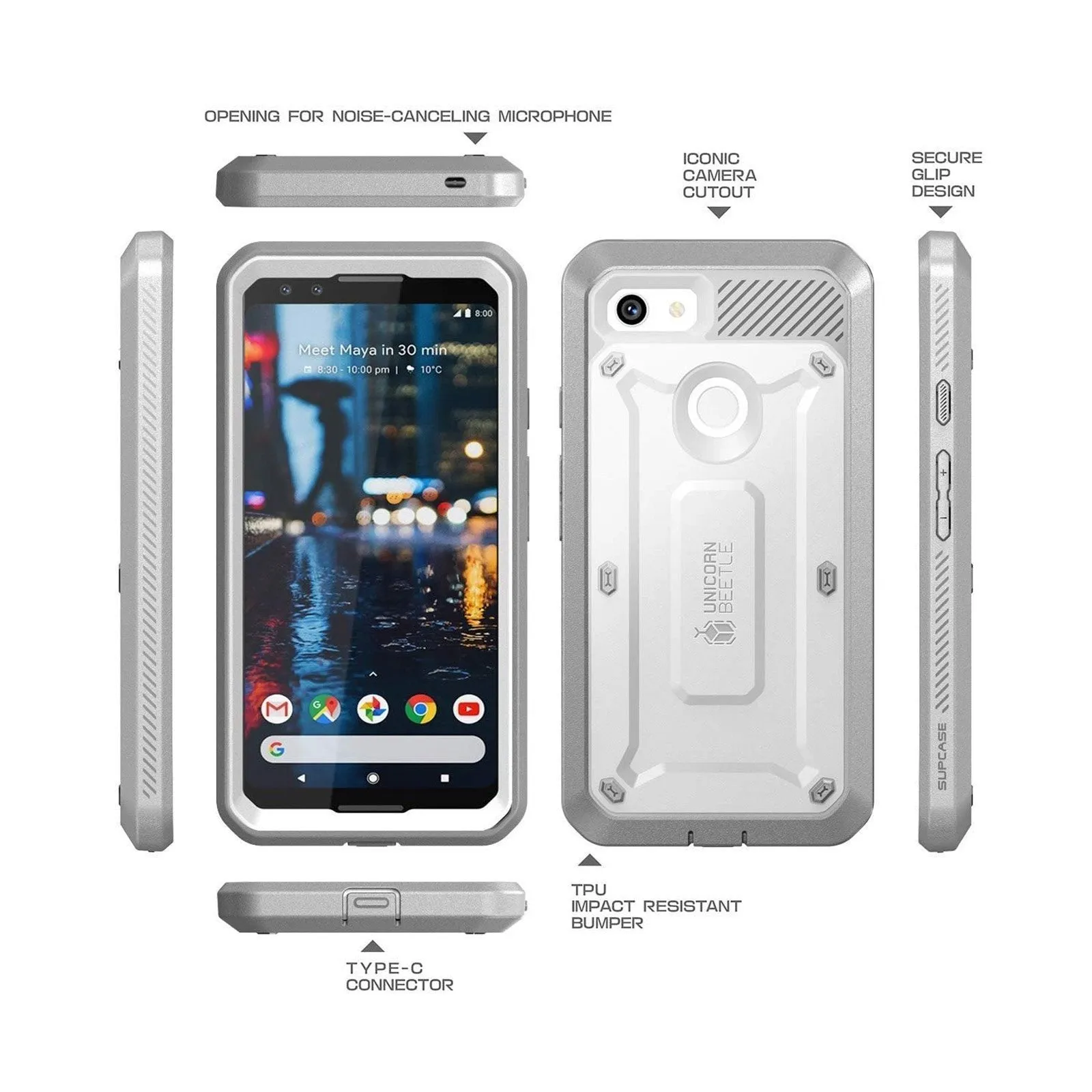 Google Pixel 3 Unicorn Beetle Pro Rugged Holster Case with Screen Protection-White