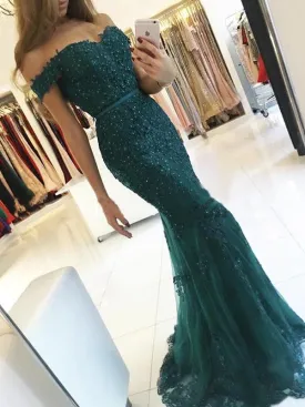 Green Mermaid Lace Prom Dress Off The Shoulder Prom Dress #ER164