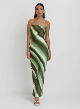 Green Printed Satin Bandeau Maxi Dress- Tessi