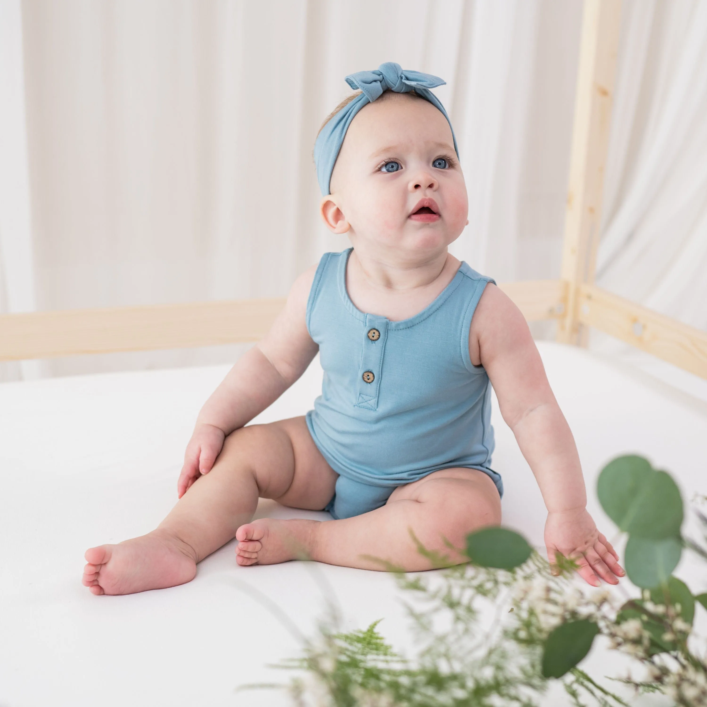 Henley Tank Bubble Romper in Dusty Blue