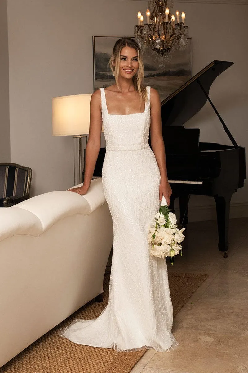 LUCA Square Neck Embellished Gown - Ivory