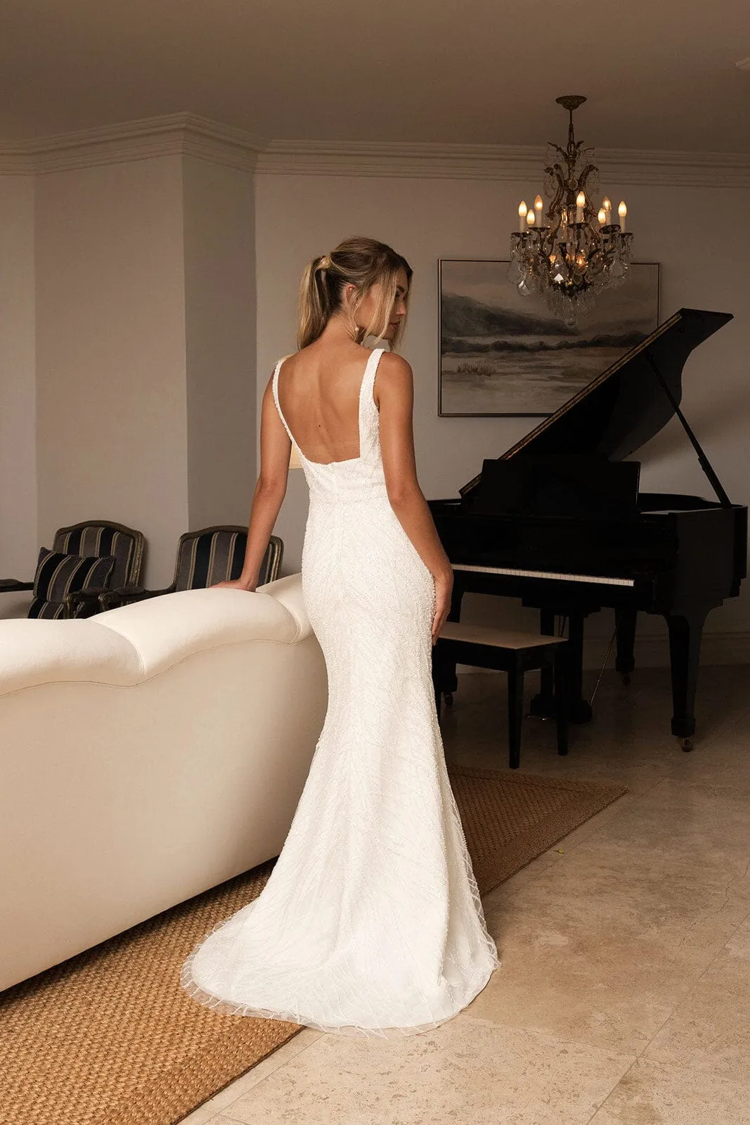 LUCA Square Neck Embellished Gown - Ivory