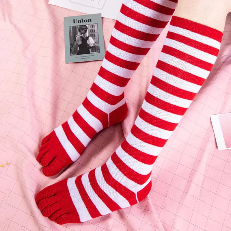 Red and White Striped Knee High Socks (Toe Socks)