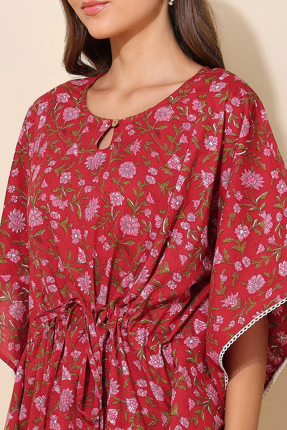 Red Floral Printed Maternity Kaftan Set (Top & Bottom)