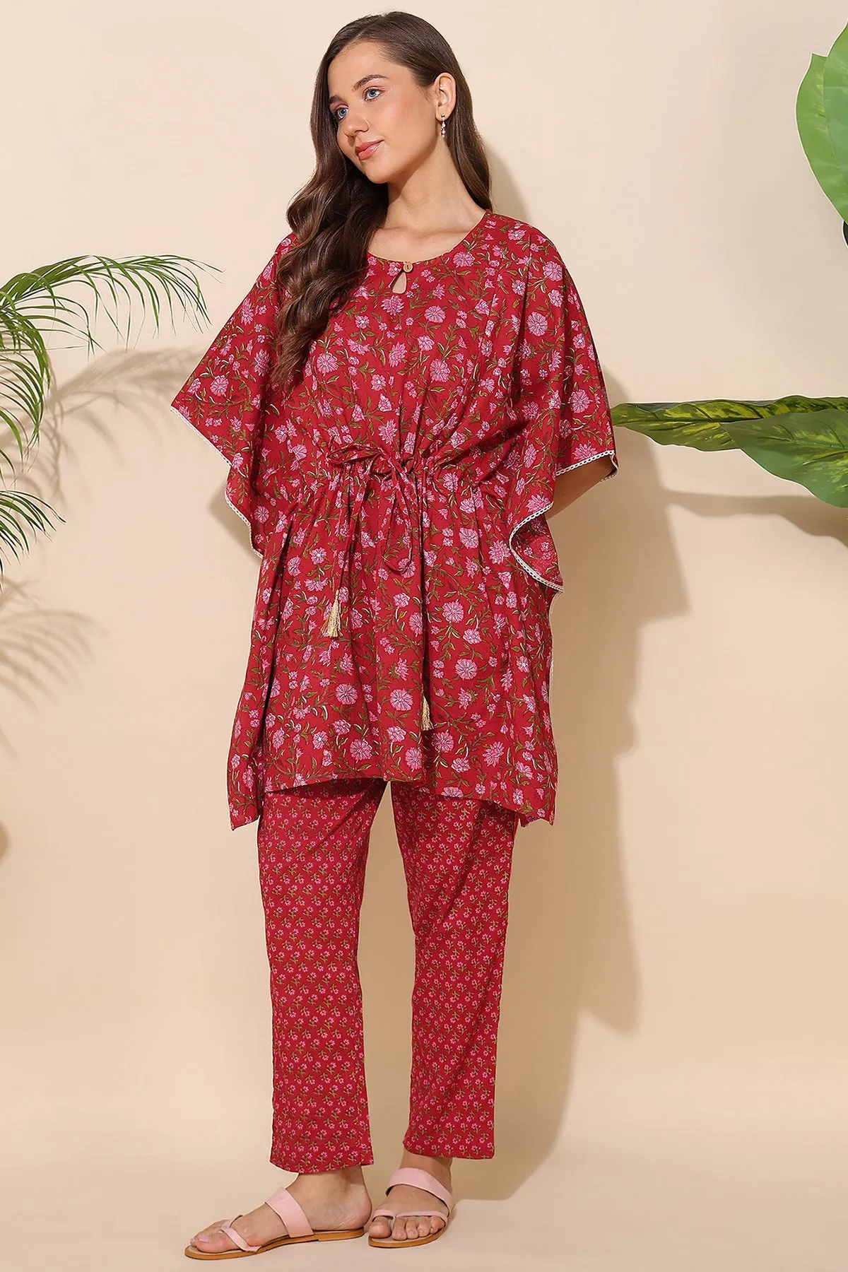 Red Floral Printed Maternity Kaftan Set (Top & Bottom)