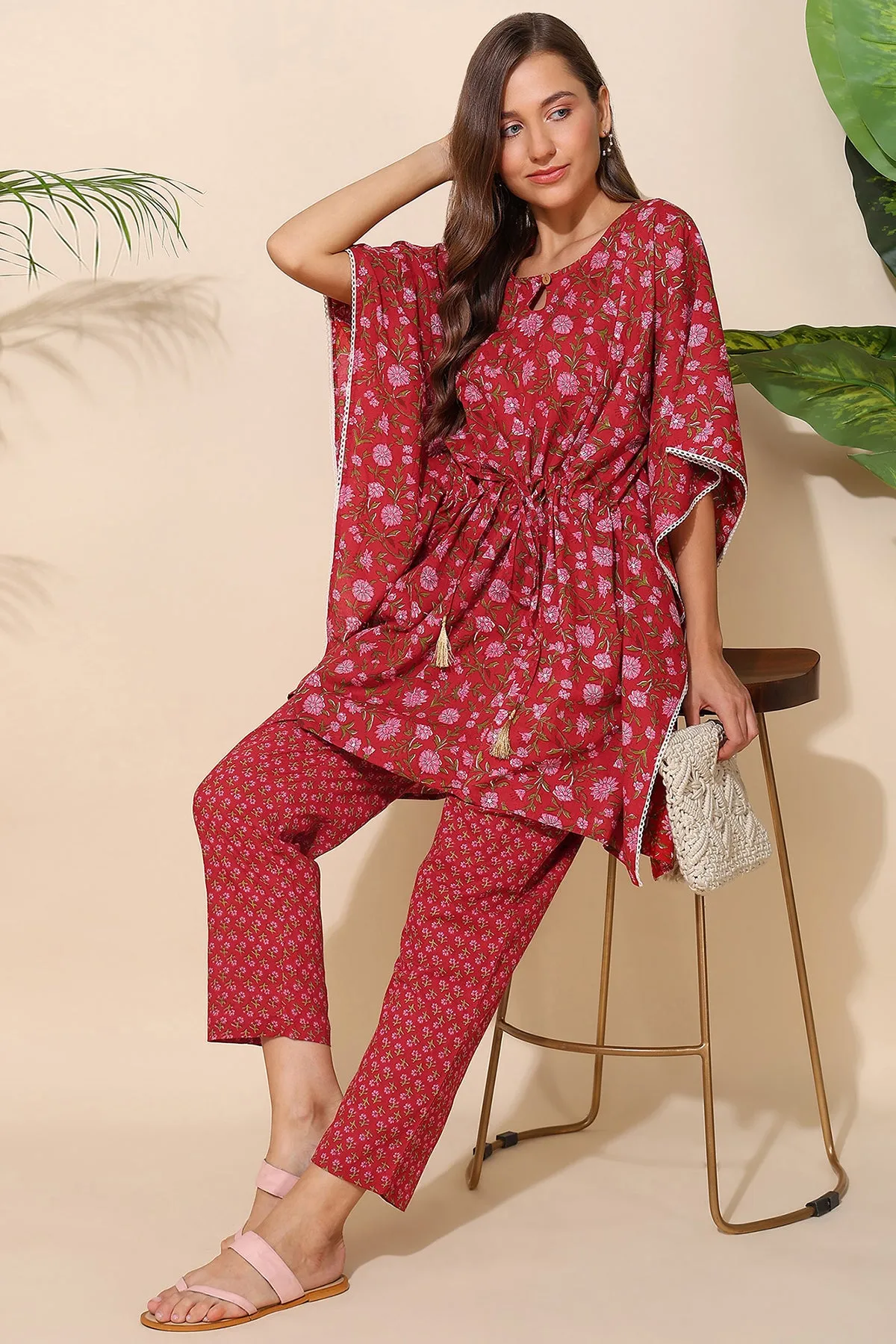 Red Floral Printed Maternity Kaftan Set (Top & Bottom)