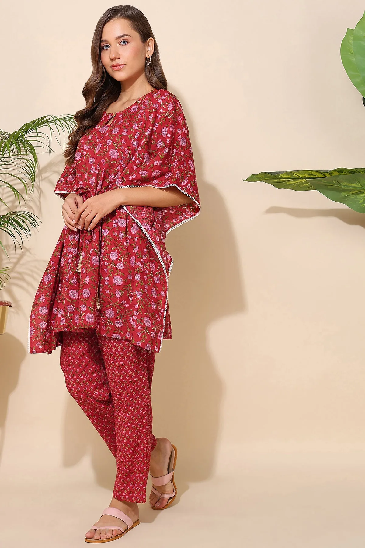 Red Floral Printed Maternity Kaftan Set (Top & Bottom)