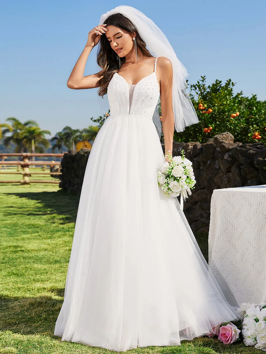 Spaghetti Straps Sleeveless Tulle Pearl Beaded Wholesale Wedding Dress