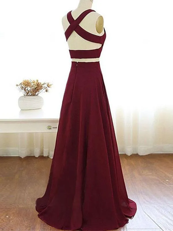 Two Piece Prom Dress Burgundy Cheap Chiffon Prom Dress #ER004