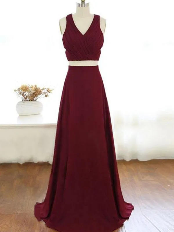 Two Piece Prom Dress Burgundy Cheap Chiffon Prom Dress #ER004