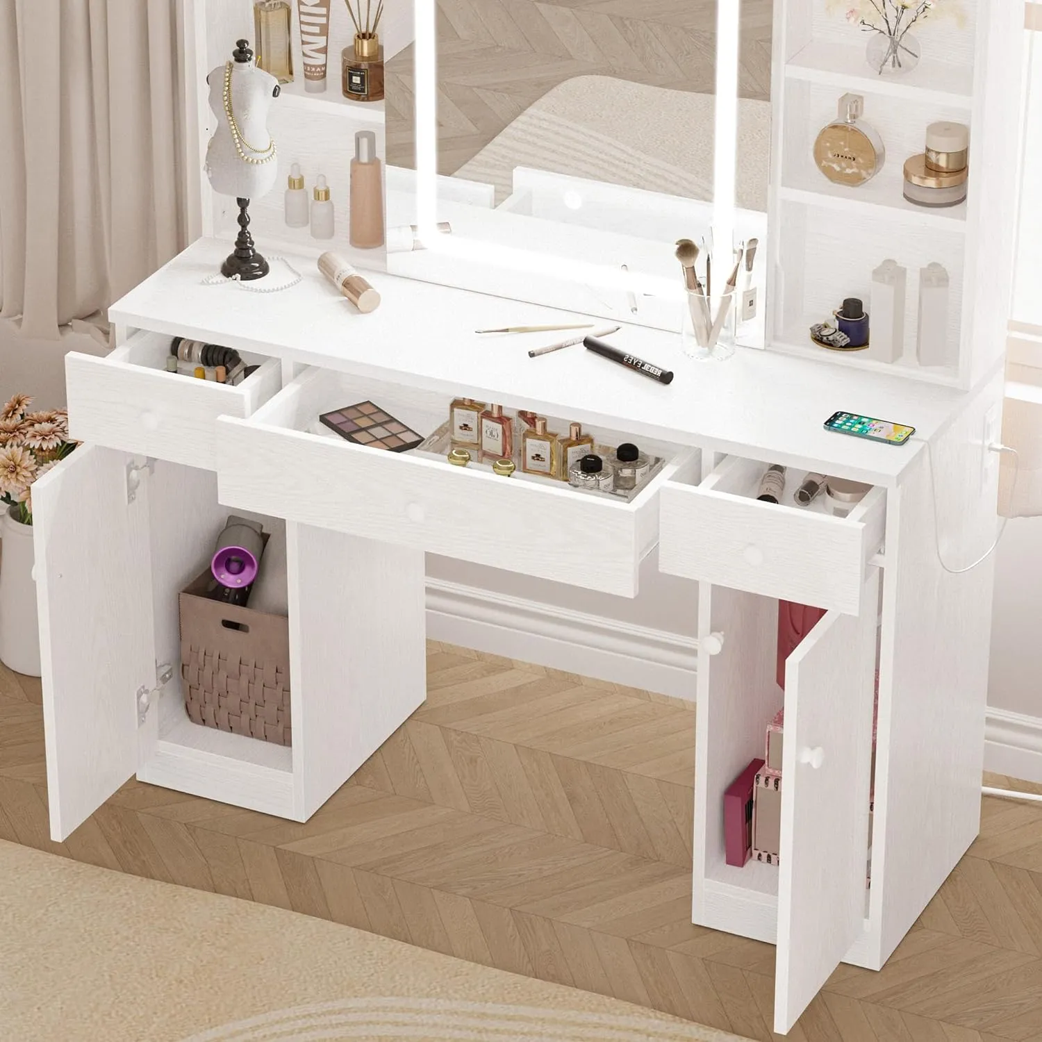 Vanity Desk Set with Large LED Lighted Mirror and Power Outlet