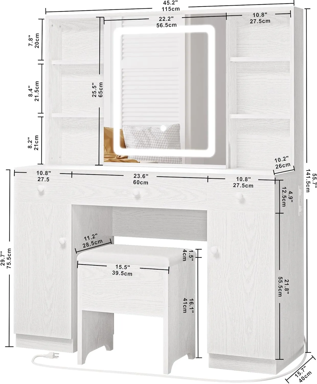 Vanity Desk Set with Large LED Lighted Mirror and Power Outlet