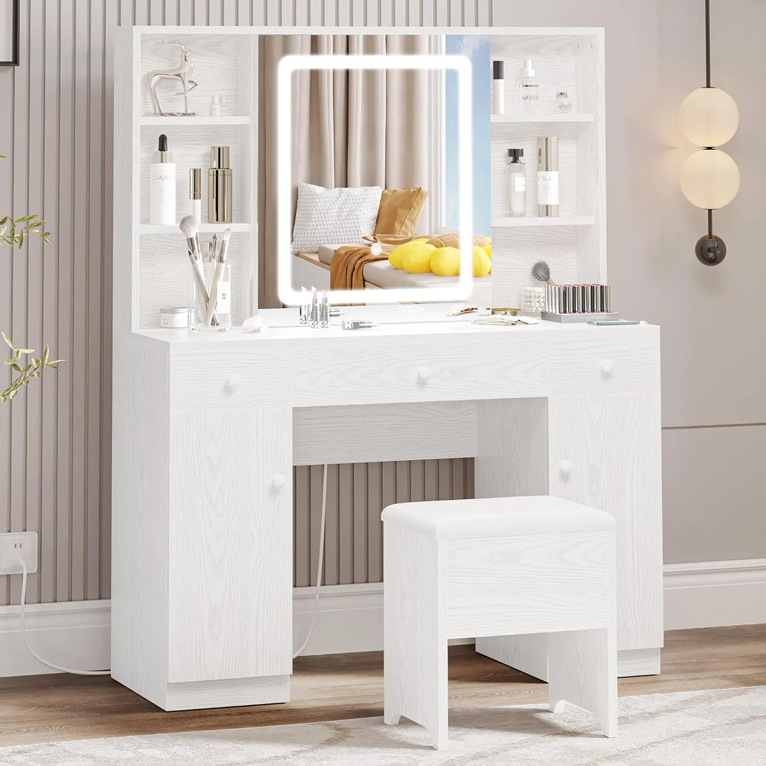 Vanity Desk Set with Large LED Lighted Mirror and Power Outlet