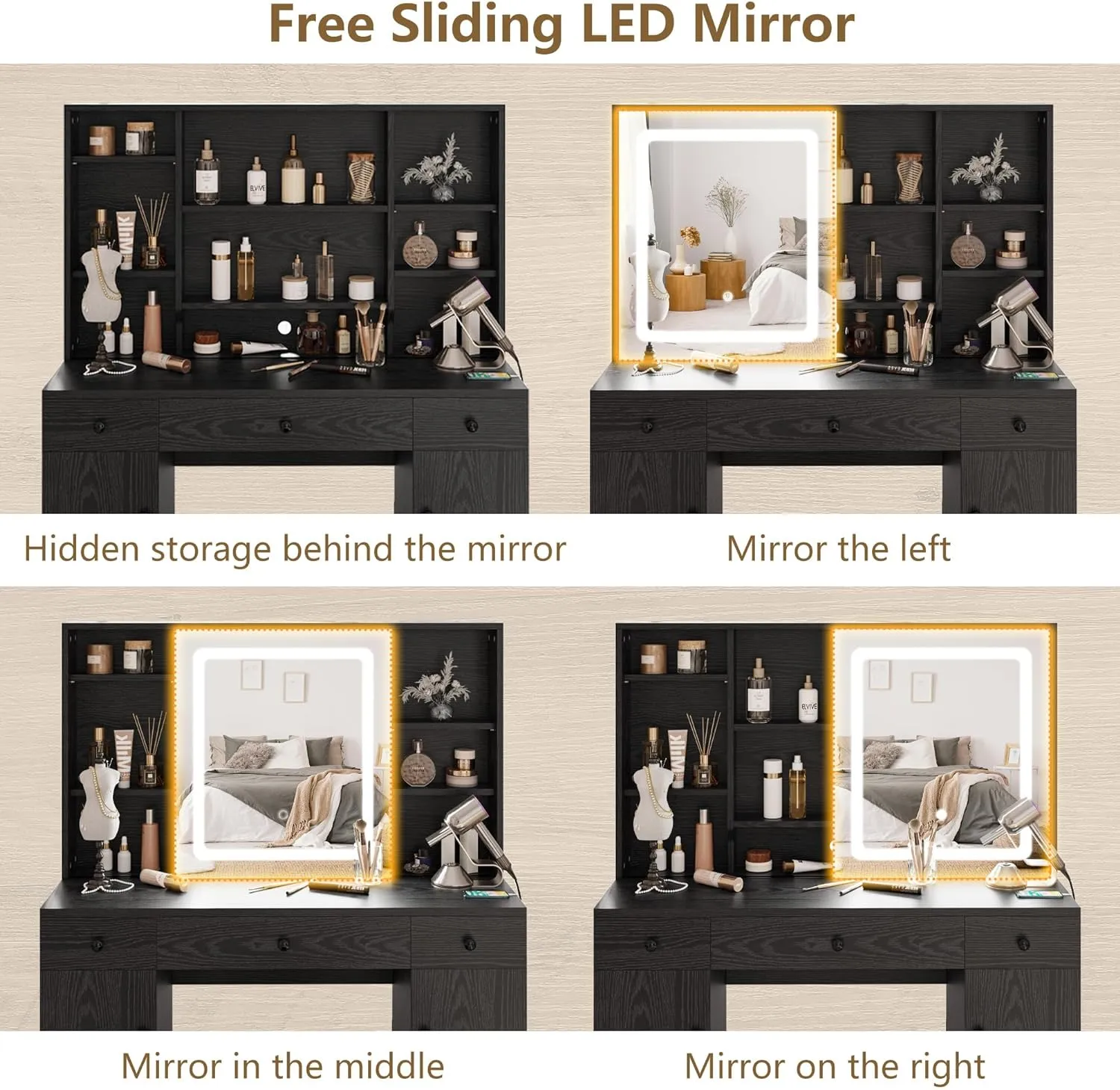 Vanity Desk Set with Large LED Lighted Mirror and Power Outlet